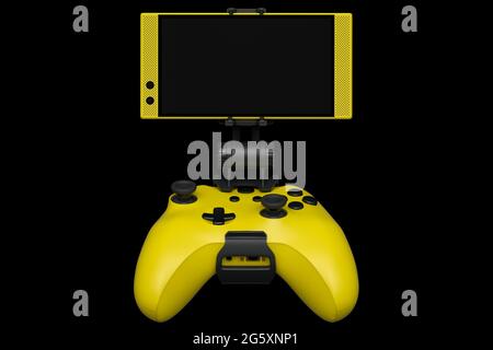 Realistic yellow joystick for playing games on mobile phone on black background Stock Photo