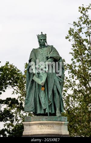 The statue of Andrew / Andras II at Heroes Square / Hosok tere in Budapest Stock Photo