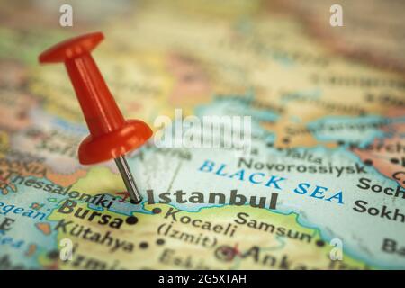 Location Istanbul in Turkey, push pin on map closeup, marker of destination for travel, tourism and trip concept, Europe Stock Photo