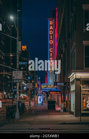 Radio City Music Hall neon sign at night, Midtown Manhattan, New York City Stock Photo