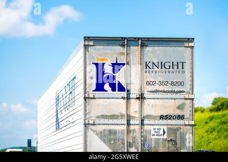 Lexington, USA - May 27, 2021: Highway road in Virginia with truck vehicle for Knight transport and sign for hiring drivers application on online webs Stock Photo
