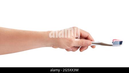 toothbrush in hand path isolated on white Stock Photo