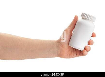 medicine bottle in hand path isolated on white Stock Photo