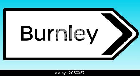 A graphic illlustration of a British road sign pointing to Burnley Stock Photo