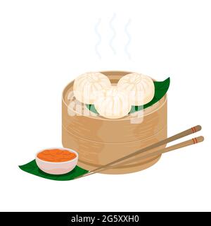 Baozi steamed chinese buns . Momo dumplings in a bamboo wooden steamer basket. Vector illustration of bao zi buns with sticks and chutney sauce. Icon Stock Vector