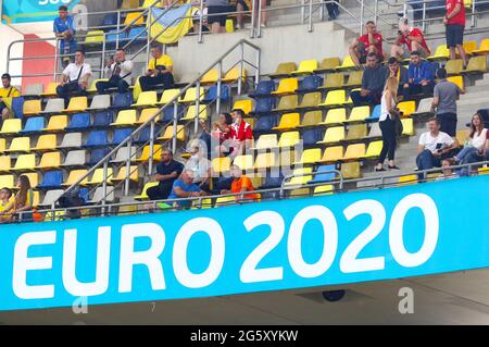 BUCHAREST, ROMANIA - JUNE 21, 2021: UEFA EURO 2020 logo on decoration board of the National Arena Bucharest stadium seen during the UEFA EURO 2020 game Ukraine v Austria Stock Photo