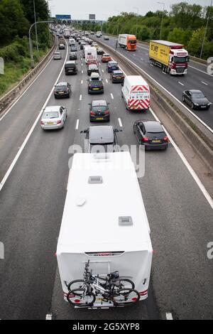 Patchway, Bristol, UK. 28th May 2021. Southbound motorists face heavy congestion on the M5 motorway near Bristol as the bank holiday exodus gets under