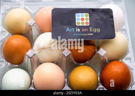 Nellysford, USA - April 18, 2021: Closeup of tray plastic carton of farm fresh colorful brown multicolored eggs in Nelson County, Virginia by Art is a Stock Photo