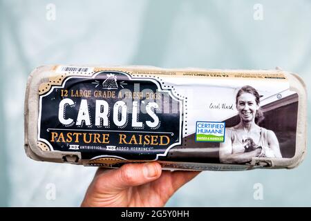 Nellysford, USA - April 29, 2021: Closeup of sign for Carol's pasture raised farm fresh eggs certified humane bought from Trader Joe's Stock Photo