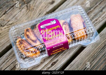 Herndon, USA - May 23, 2021: Sign label and product closeup of cinnamon nut Rugelach pastry Jewish dessert storebought at Trader Joe's Stock Photo