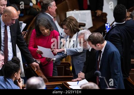 Washington, United States. 30th June, 2021. Speaker of the House Nancy Pelosi, D-CA, (C) talks to colleagues in the House chamber during a vote on H. Res. 503 'Establishing the Select Committee to Investigate the January 6th Attack on the United States Capitol,' at the U.S. Capitol in Washington DC, on Wednesday, June 30, 2021. Pool photo by Graeme Jennings/UPI Credit: UPI/Alamy Live News Stock Photo