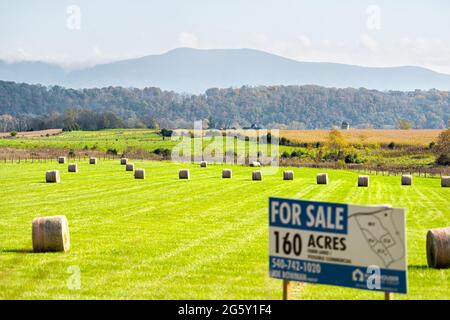 Elkton, USA - October 27, 2020: Hay roll bales on countryside field in Shenandoah Valley Virginia mountains with sign for acres for sale