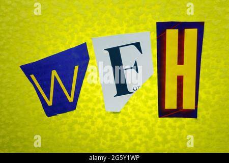 The acronym WFH is short for 'Work from Home' and is spelled out in ransom note style typography, USA Stock Photo