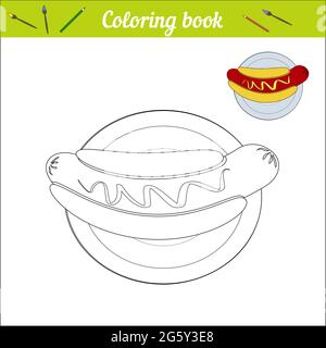 Hot dog on a plate. Simple coloring book for kids. Black and white cartoon illustration and color swatch. Vector food. Game for preschoolers Stock Vector