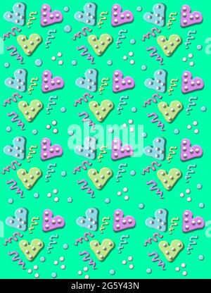 Party confetti fills a aqua background.  3D polka dotted hearts, swirls and polka dots fill image. Stock Photo