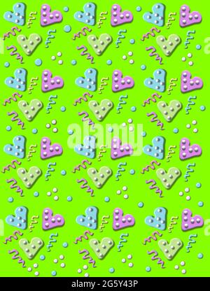 Party confetti fills a green background.  3D polka dotted hearts, swirls and polka dots fill image. Stock Photo