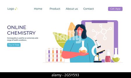 Online education chemistry concept. Woman with microscope in lab promo. template for banner, invitation, ad, landing page. Vecror modern design Stock Vector