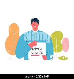 Young male character holding poster with progress bar. System update and file uploading concept. Loading banner vector for eco web page Stock Vector