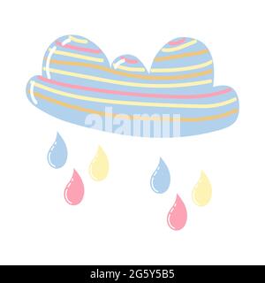 Beautiful doodle icon with colorful cartoon rain and cloud painted bright on white background for decorative design. Children's print. Vector Stock Vector