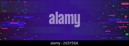 Glitch pixel backdrop. Data noise wide banner. Disintegration effect with color pixels. Digital abstract distortion and lines. Vector illustration. Stock Vector