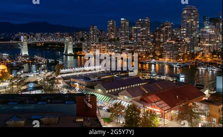 Night view of downtown Vancouver including Granville Island and Burrard ...