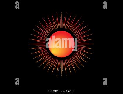 Sun logo icon  concept of sunburst sign, radial rays, filled orange symbol, concept of solar eclipse, vector isolated on black background Stock Vector