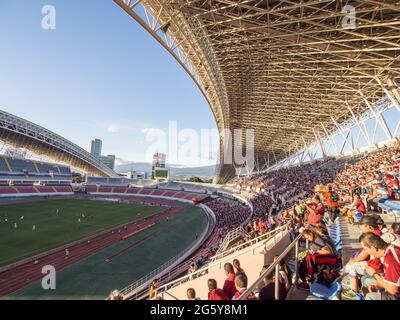 Soccer match in the Chinese built National Stadium of Costa Rica in San Jose. Stock Photo