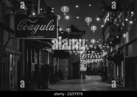 Lanterns in Chinatown at night, in Los Angeles, California Stock Photo