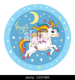 Cute baby unicorn sleeping on the rainbow with clouds. Vector ...