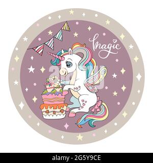 Cute white unicorn is sitting next to a large cake. Vector illustration circle shape. Birthday concept. For party, print, baby shower, design, decor, Stock Vector