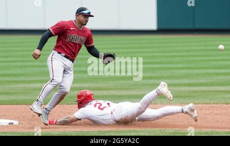 Arizona Diamondbacks catcher Daulton Varsho (12) makes a leaping catch at  the outfield wall in the fifth inning against the Los Angeles Dodgers  during a MLB baseball game, Monday, Sept. 1, 2020