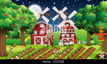 Farm scene at night with old farmer man and cute animals illustration Stock Vector