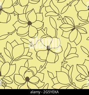Seamless floral pattern. A linear hand drawing with flowers and leaves of magnolia. A green outline on a yellow background. Vector illustration Stock Vector