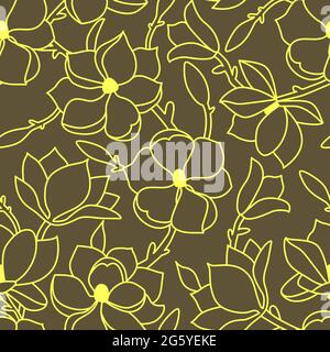 Seamless floral pattern. A linear hand drawing with flowers and leaves of magnolia. A yellow outline on a green background. Vector illustration Stock Vector
