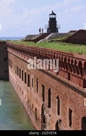 A lighthouse sits atop Fort Jefferson at Dry Tortugas National Park. Stock Photo