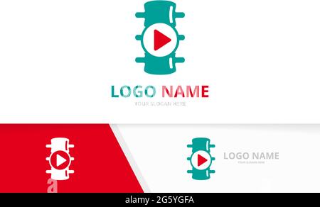 Spine and button play logo combination. Vertebral column and record logotype design template. Stock Vector
