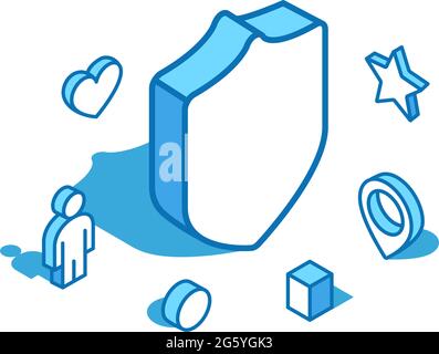 Shield blue line isometric illustration. Security, guard 3D banner template. Stock Vector