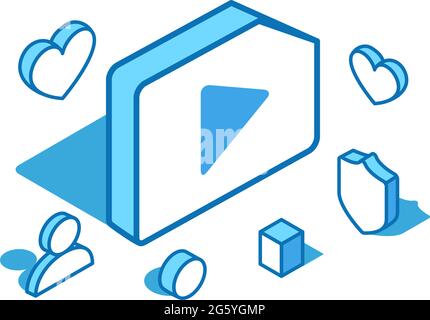 Play button blue line isometric illustration. Record, connect 3D banner template. Stock Vector