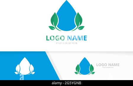 Water droplet and leaves logo. Unique clean aqua logotype design template. Stock Vector