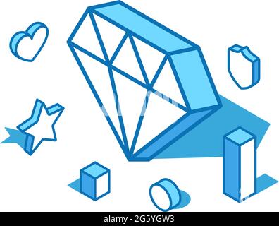 Diamond blue line isometric illustration. Jewelry, gem 3D banner template. Stock Vector
