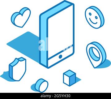 Phone blue line isometric illustration. Smartphone, mobile device 3D banner template. Stock Vector