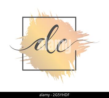 calligraphic lowercase letters DC are written in a solid line on a colored background in a frame. Vector illustration. Simple Style Stock Vector