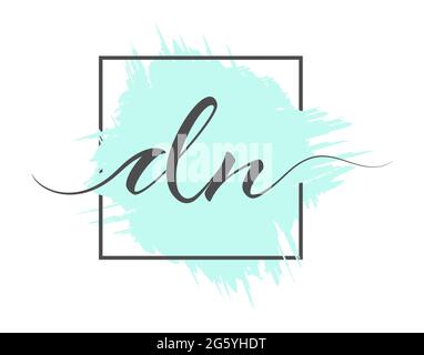 calligraphic lowercase letters DN are written in a solid line on a colored background in a frame. Vector illustration. Simple Style Stock Vector