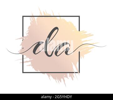 Calligraphic lowercase letters with a calligraphic lowercase letters DA are written in a solid line on a colored background in a frame. Vector illustr Stock Vector