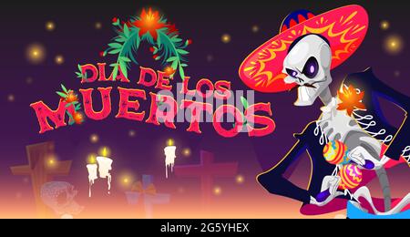 Dia de los muertos cartoon banner, Mexican Day of the dead skeleton mariachi musician character with maracas, holiday sugar skulls, crosses, flower wreath and burning candles, vector illustration Stock Vector
