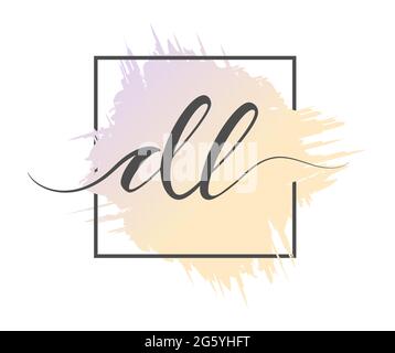 calligraphic lowercase letters DL are written in a solid line on a colored background in a frame. Vector illustration. Simple Style Stock Vector