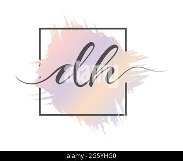 calligraphic lowercase letters DH are written in a solid line on a colored background in a frame. Vector illustration. Simple Style Stock Vector