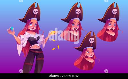 Pirate girl with treasure in hands different face expression cartoon set. Young woman in filibuster costume hold golden coins and gem, fantasy character avatar, emoji, Cartoon vector illustration Stock Vector