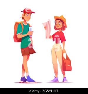 Tourists backpackers learning map searching way. Travelers man and woman hiking adventure, summer vacation trip. Characters travel, choosing walking route in foreign city, Cartoon vector illustration Stock Vector