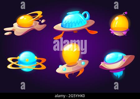 Ufo, alien space ships scrambled eggs, cup and plate with spoons rockets. Fantasy bizarre shuttles, computer game ui graphic design elements, cosmic collection of funny spaceships Cartoon vector set Stock Vector